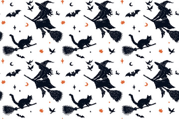 Seamless vector Halloween pattern with hand drawn witch and cat on broomsticks, bats, moon, and stars in black silhouettes with orange accents. For holiday and seasonal projects