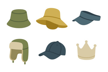 Various hat styles including bucket hats, visors, and a crown showcased against a simple background for fashion inspiration