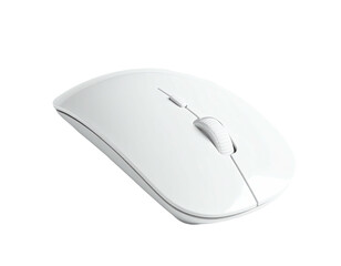A sleek, white computer mouse, angled slightly, set against a stark black background
