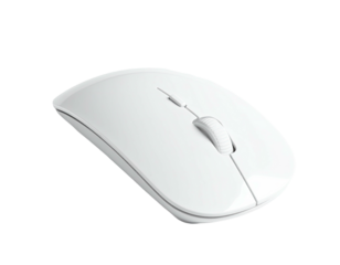 A sleek, white computer mouse, angled slightly, set against a stark black background