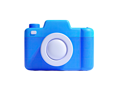A vibrant, blue digital camera icon, rendered in 3D, isolated on black