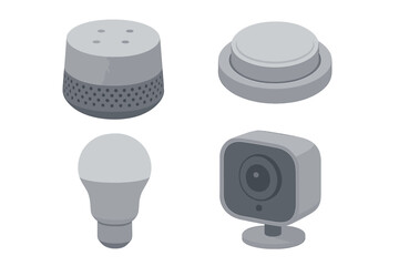 Isometric smart home devices set including speaker, button, light bulb, and security camera