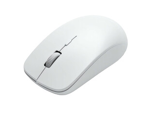 A white computer mouse with a scroll wheel and a smooth curved surface