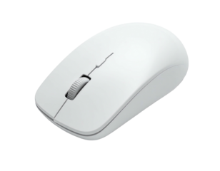 A white computer mouse with a scroll wheel and a smooth curved surface