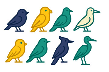 Colorful illustrations of different bird species standing in a row with simple designs and vibrant colors