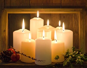 Burning Candles in Wooden Frame.