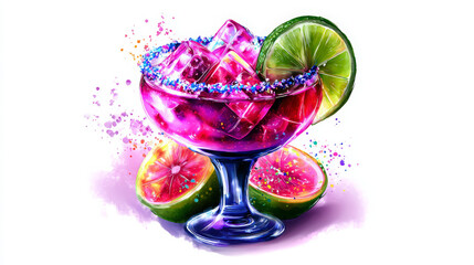 Vibrant Pink Cocktail With Lime, Citrus, and Sugared Rim in Artistic Watercolor Style