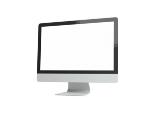 Sleek, modern desktop computer with a bright, blank screen against black background