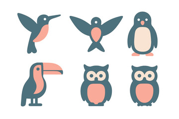 Cute stylized bird icons collection with hummingbird, penguin, toucan, and owls