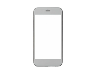 Gray smartphone with a bright white screen, centered against a stark black background