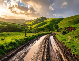 Muddy path through rolling green hills