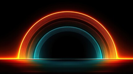 A semi-circular glowing archway of orange and teal light against a black backdrop, reflecting below