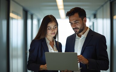 Two business professionals standing in an office corridor are looking closely at a laptop computer screen, discussing data. High quality