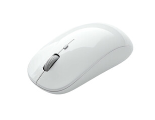 Sleek, white wireless computer mouse with a scroll wheel on black background