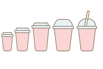 Different sizes of disposable cups filled with a creamy pink beverage displayed in a line in a minimalistic style