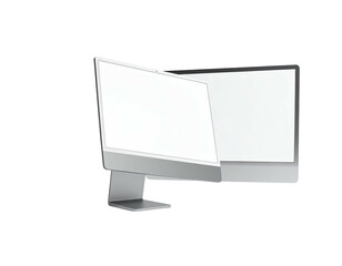 Two modern all-in-one computer monitors with blank white screens, black background