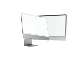 Two modern all-in-one computer monitors with blank white screens, black background
