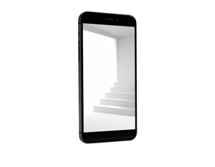 Black phone displays minimalist white staircase, bright hallway against black backdrop