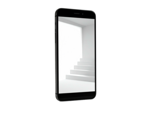 Black phone displays minimalist white staircase, bright hallway against black backdrop