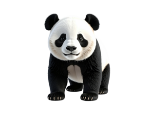 A full-body image of a panda bear with a white and black coat, standing