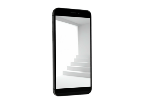 Black phone displays minimalist white staircase, bright hallway against black backdrop
