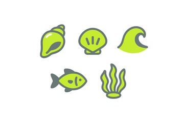 Collection of stylized marine life and ocean elements icons in a modern flat design