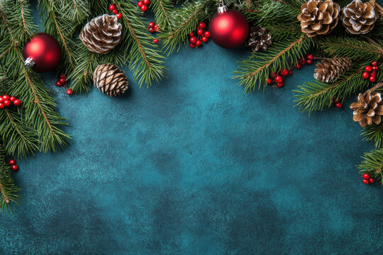 Composition with a festive ornament: A top view of chic Christmas tree decorations, red balloons, cones with rowan berries and a green surface - everything is ready for your festive text. Copy space