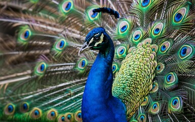 Fototapeta premium Majestic peacock displays vibrant iridescent plumage in close-up portrait