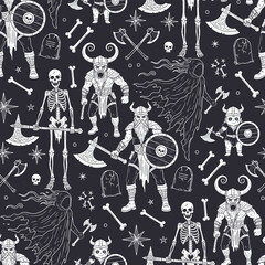 Halloween seamless pattern. Viking black white sketch vector.