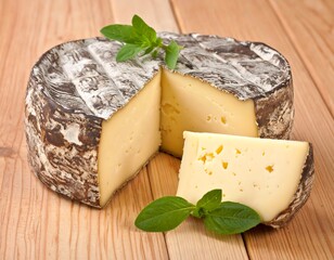 Round Cheese Wheel Sliced on Wooden Table.