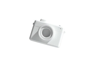 A white digital camera, seemingly floating against a stark black background
