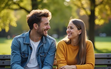 two friends are glad in the park on the bench. High quality