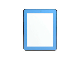 A front view of a blue tablet device with a white screen on a black background