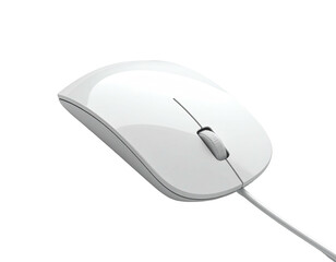 A white wired computer mouse angled on a black background