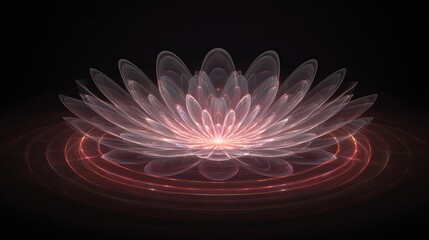A radiant, ethereal lotus flower floats on concentric ripples against a deep, dark backdrop