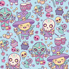 Playful Halloween Seamless Pattern Voodoo Sorcerer Kawaii Cheerful Vivid Illustration for Stickers and Textiles Vector