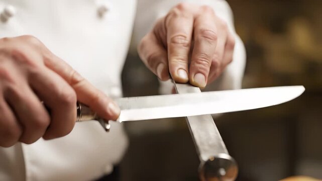 A chef carefully sharpens a knife, with the chef's hands guiding the knife along the sharpening rod. The knife gleams as the chef perfects its edge in the kitchen.