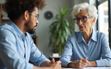 Serious elder professional woman talking to younger colleague man at workplace, working on project together, discussing collaboration, management strategy. Business partners speaking at office table