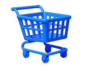 A vibrant, 3D-rendered blue shopping cart with a black, transparent background