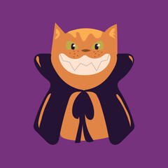A Halloween Vector Illustration of An Orange Cat Wearing A Dracula or Vampire Cape With A Huge Smile on It's Face