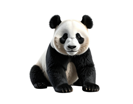 A panda bear sits with focused eyes, black and white fur on a dark background