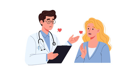 Obraz premium A concerned doctor explains something to a patient, with floating hearts symbolizing the topic.