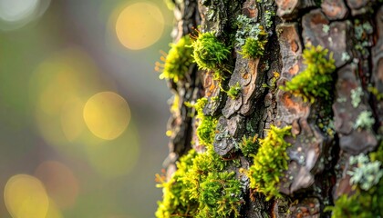 Obraz premium Close Up of a Tree Bark Covered in Moss on a Sunny Day with Blurred Green and Yellow Background with Bokeh Effect
