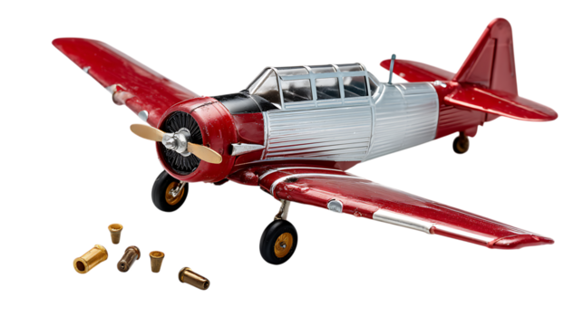Red vintage airplane model isolated on transparent background