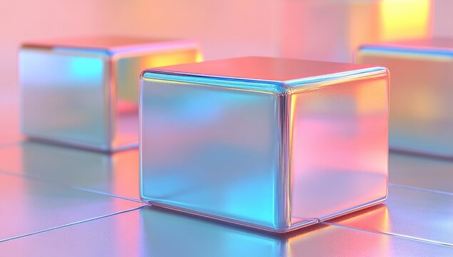 Metallic cubes reflect pink/blue light on a shiny surface - Powered by Adobe