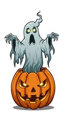 A spooky cartoon ghost with glowing green eyes emerges from a carved orange Halloween pumpkin with a glowing face.