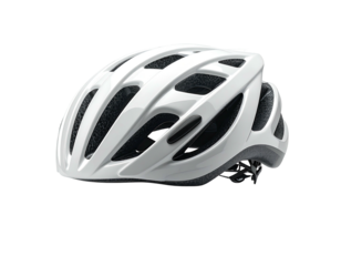 Sleek white bicycle helmet with vents, a dial, and interior padding on a black backdrop