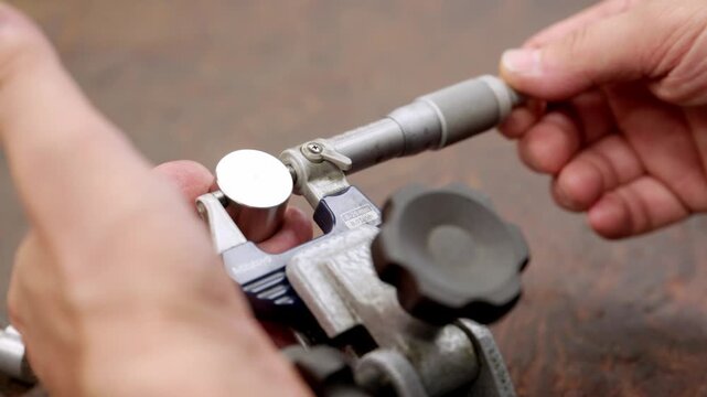 Close-up of a high-precision micrometer or measuring tool on a stand, used by a worker for quality control and accurate measurement in a manufacturing factory