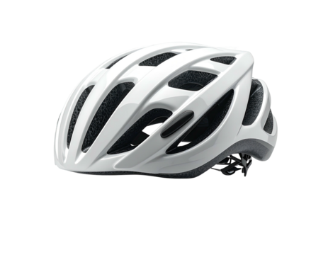 Sleek white bicycle helmet with vents, a dial, and interior padding on a black backdrop