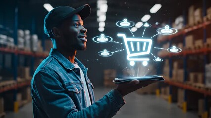 Checking inventory on tablet in warehouse. Worker holds tablet and points at shelves. Box and pallet line aisle. Focus on logistics and inventory management. Digital technology aids supply tracking. - Powered by Adobe
